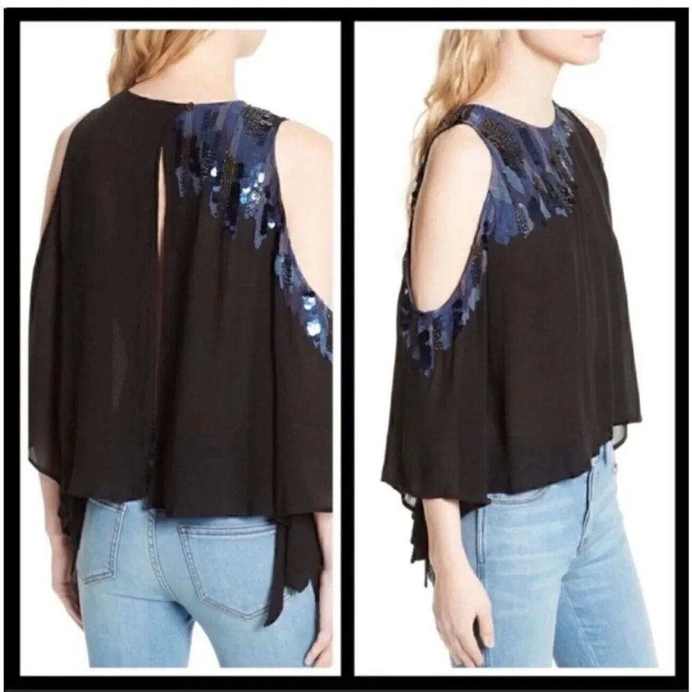 FREE PEOPLE Black All About You Embellished Cold Shoulder Open Back Top Sz M